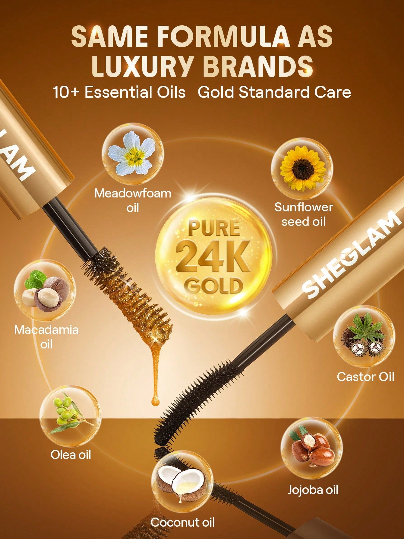 SHEGLAM All-In-One 24K Multi-Effect Mascara with dual-ended brush for curling and lengthening.