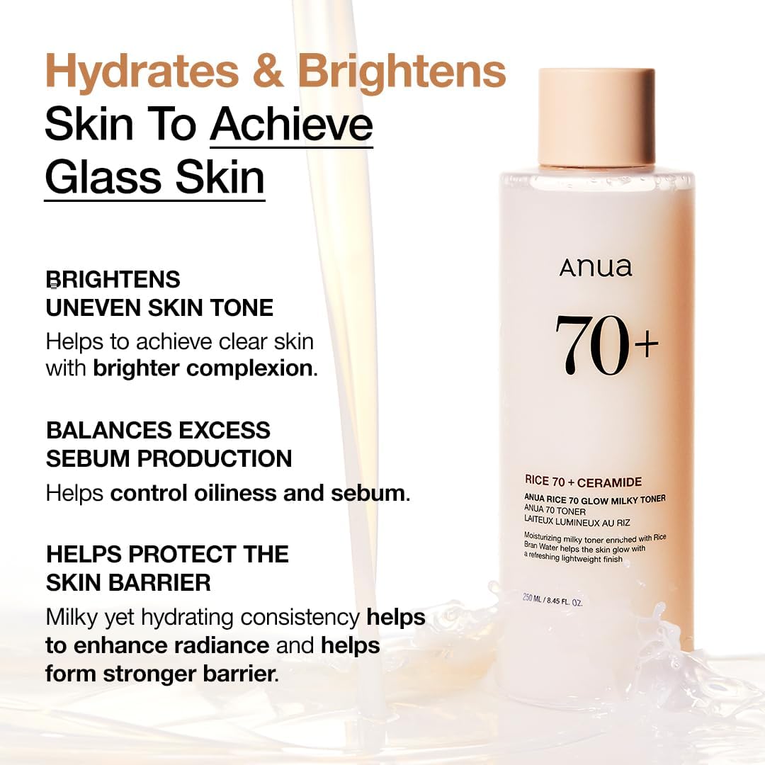 Anua Rice 70 Glow Milky Toner – 250ml brightening Korean toner with rice bran water and ceramide