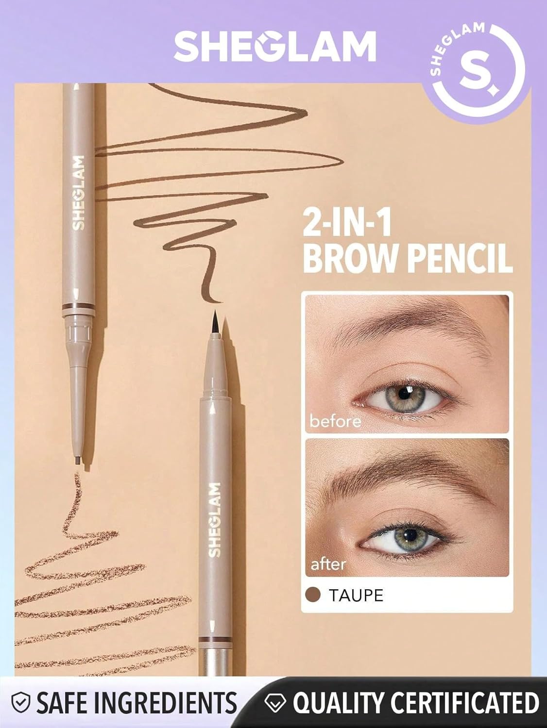 SHEGLAM Brows On Demand 2-In-1 Brow Pencil – Taupe shade – Dual eyebrow definer for natural light brows