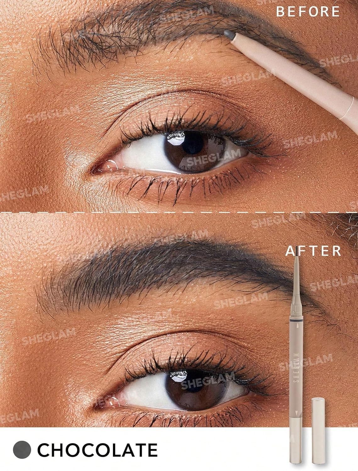 SHEGLAM Brows On Demand 2-In-1 Brow Pencil – Chocolate shade – Eyebrow definer for medium to dark hair – longwear dual tip