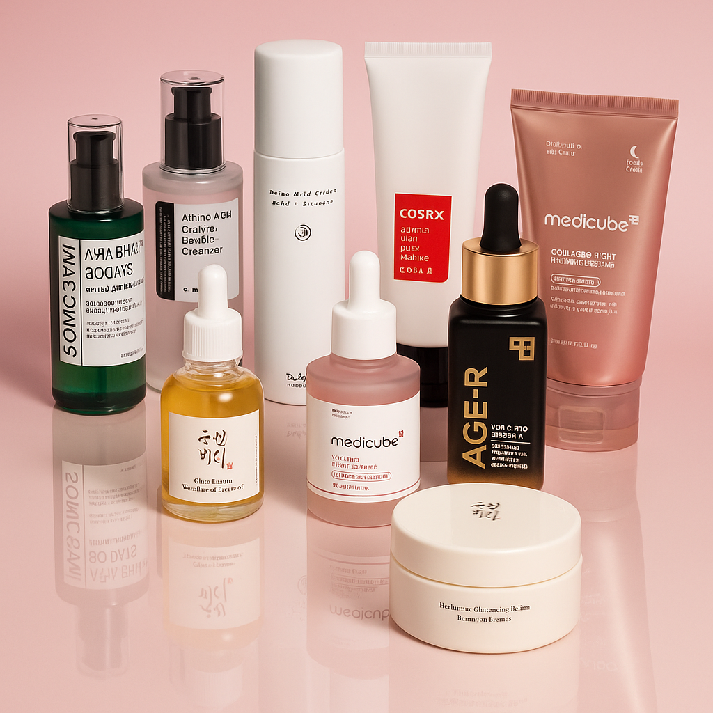 Slide imageA high-resolution image showcasing a curated collection of Korean skincare products, including serums, toners, moisturizers, and soothing creams from popular K-beauty brands like SKIN1004, Anua, Torriden, and Haruharu Wonder. The products are neatly arranged on a soft pink reflective background, ideal for promoting gentle, hydrating, and effective skincare solutions.