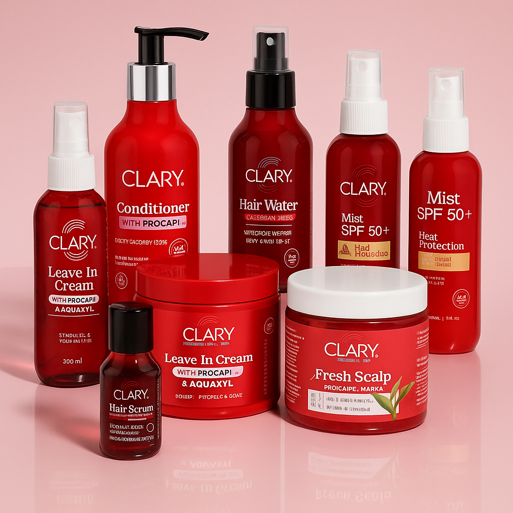 Slide imageA collection of seven Clary Haircare products arranged on a clean background, featuring vibrant red packaging. Includes a Leave-In Cream with Procapil & Aquaxyl for deep nourishment, Hydrating Hair Mist for daily moisture, Hair Conditioner enriched with Procapil for damaged hair, Keratin Smooth Hair Water for instant frizz control, SPF 50+ Hair Mist for UV and heat protection, Hair Serum with capsicum extract for intensive repair, and Fresh Scalp Scrub with Procapil & Matcha to exfoliate the scalp and remove buildup. Perfect for a complete hair fall control and hydration routine.