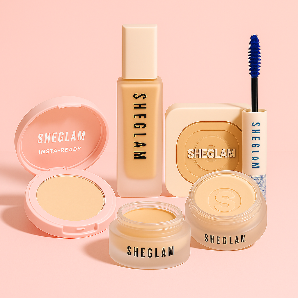 SHEGLAM beauty essentials including foundation, powder, and mascara displayed in a soft pink flat lay – premium makeup collection for flawless skin