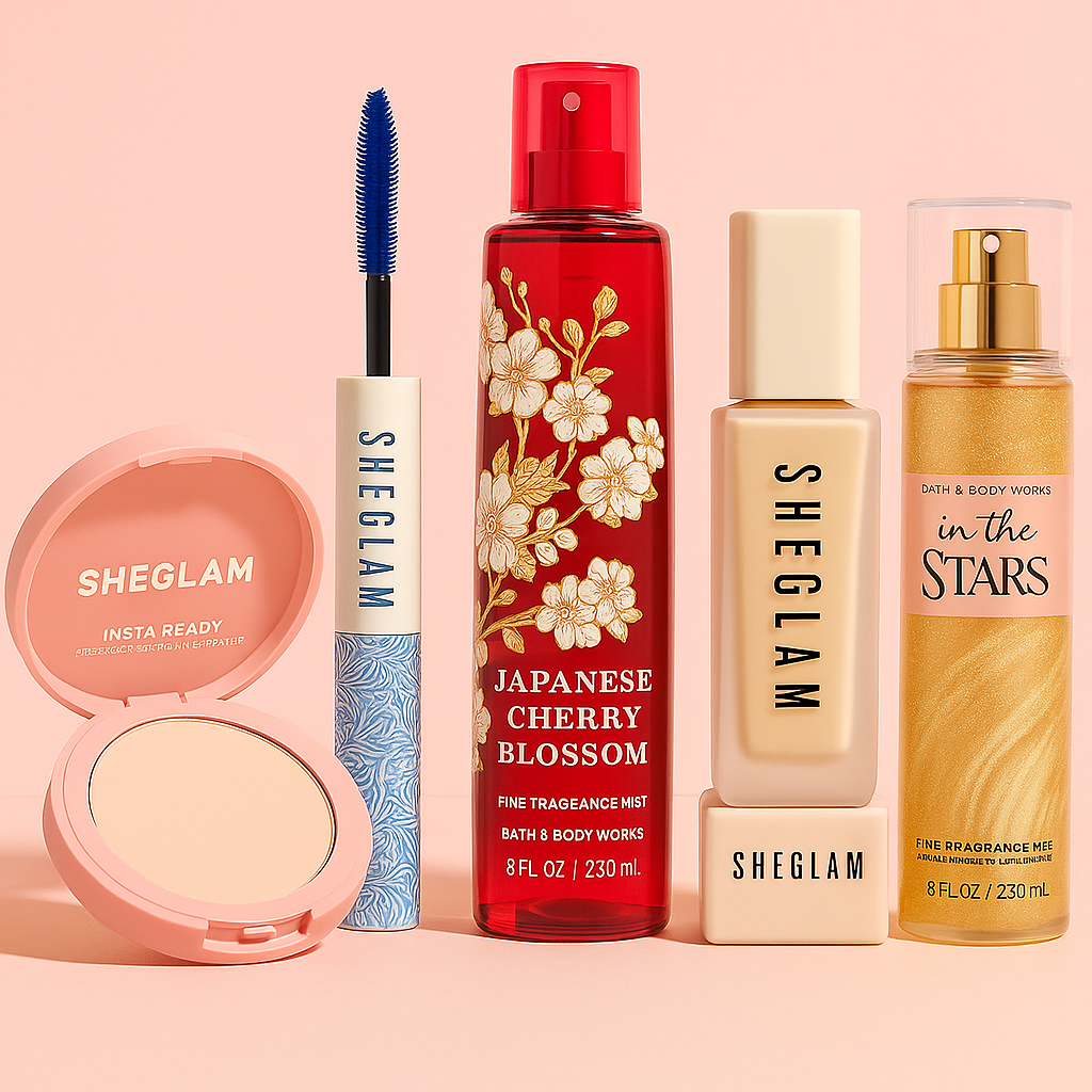 SHEGLAM makeup and Japanese Cherry Blossom body mist arranged on a soft pink background – high-end cosmetics and fragrance for women