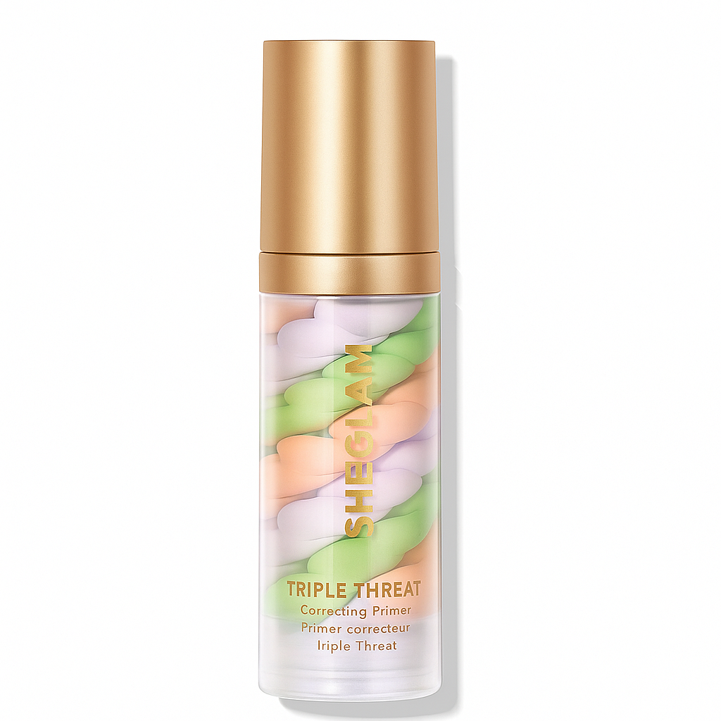 SHEGLAM Triple Threat Correcting Primer packaging with 3-in-1 color-correcting swirls