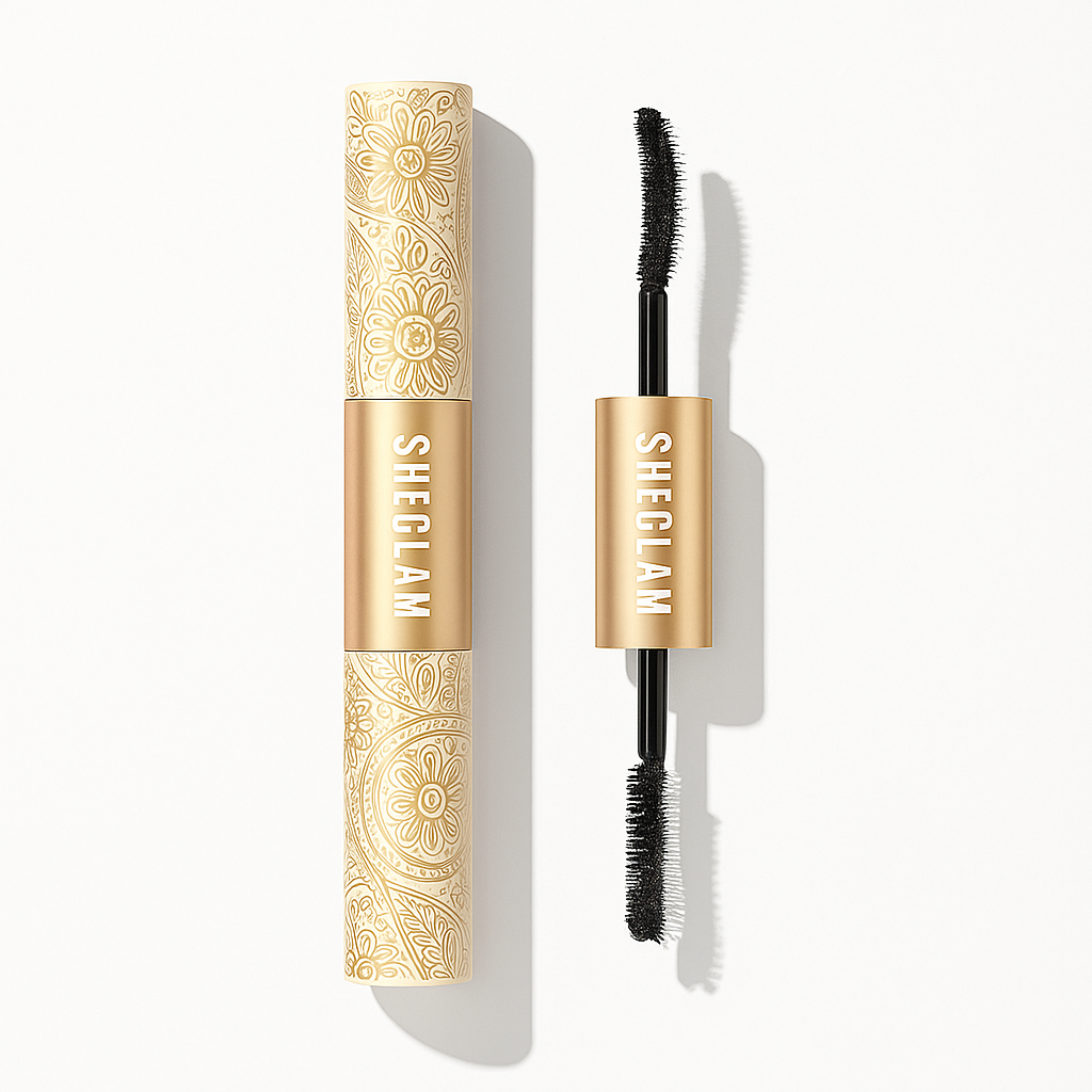 SHEGLAM All-In-One 24K Multi-Effect Mascara with dual-ended brush for curling and lengthening.