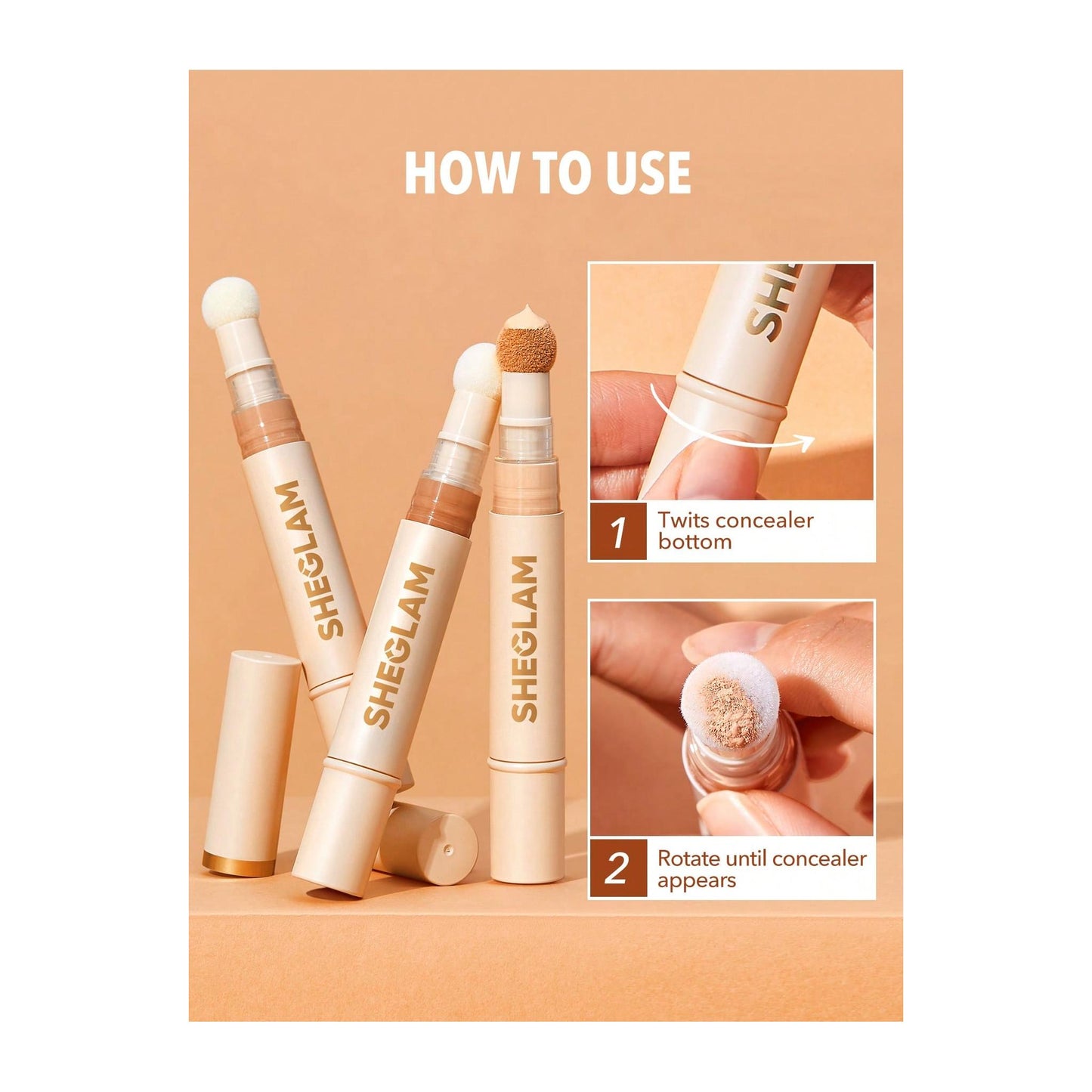 "Step-by-step guide on how to use SHEGLAM Perfect Skin High Coverage Concealer with twist and sponge applicator instructions."