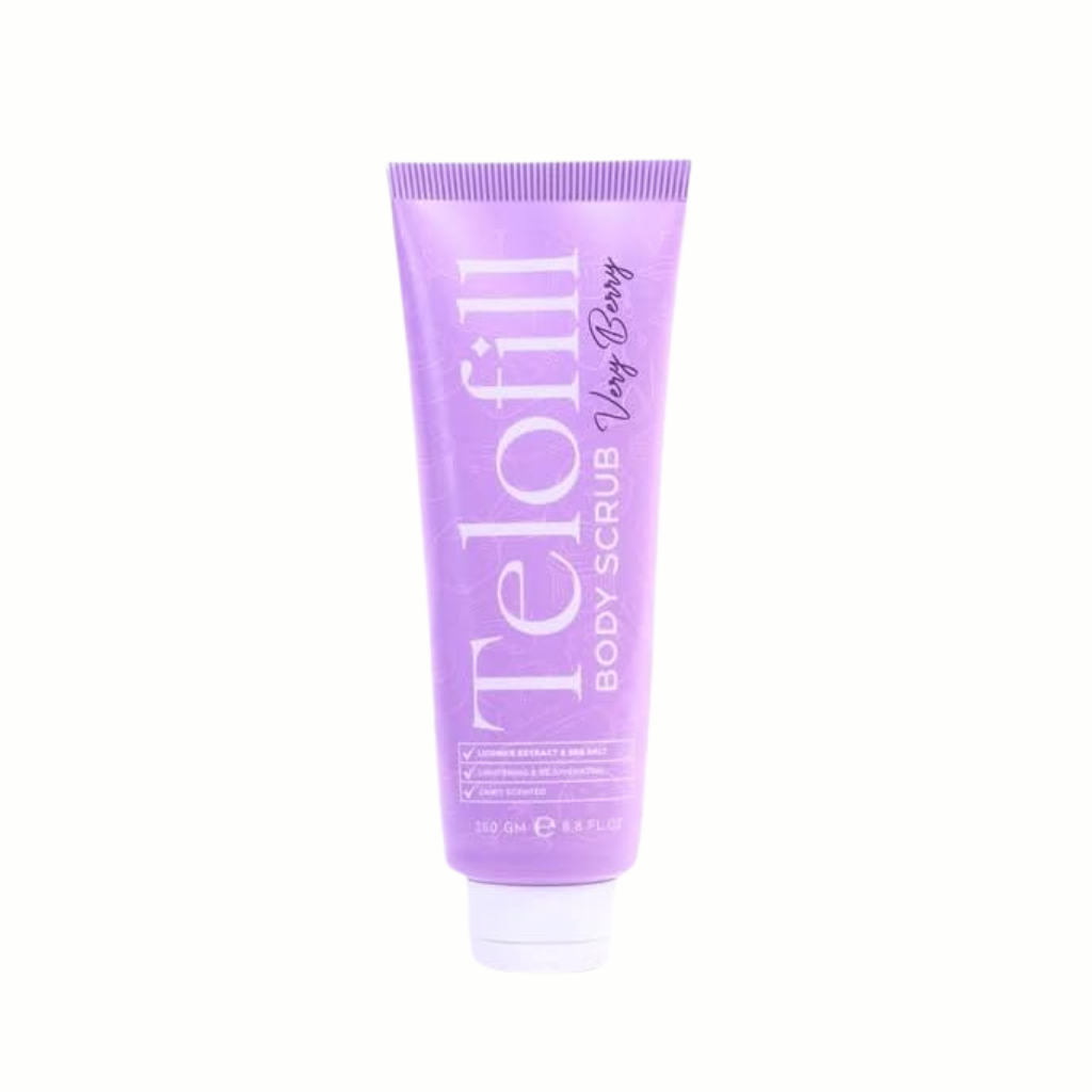 Telofill Body Scrub – Very Berry – 250g – Berry Scented Exfoliant with Licorice & Sea Salt – Brightening & Rejuvenating Body Scrub