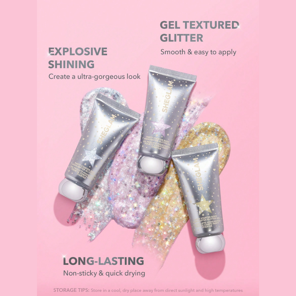 SHEGLAM Party Starter Body Highlighter Glitter Gel – Ice Breaker – Silver body shimmer for parties – Fast-drying non-sticky formula – 25ml