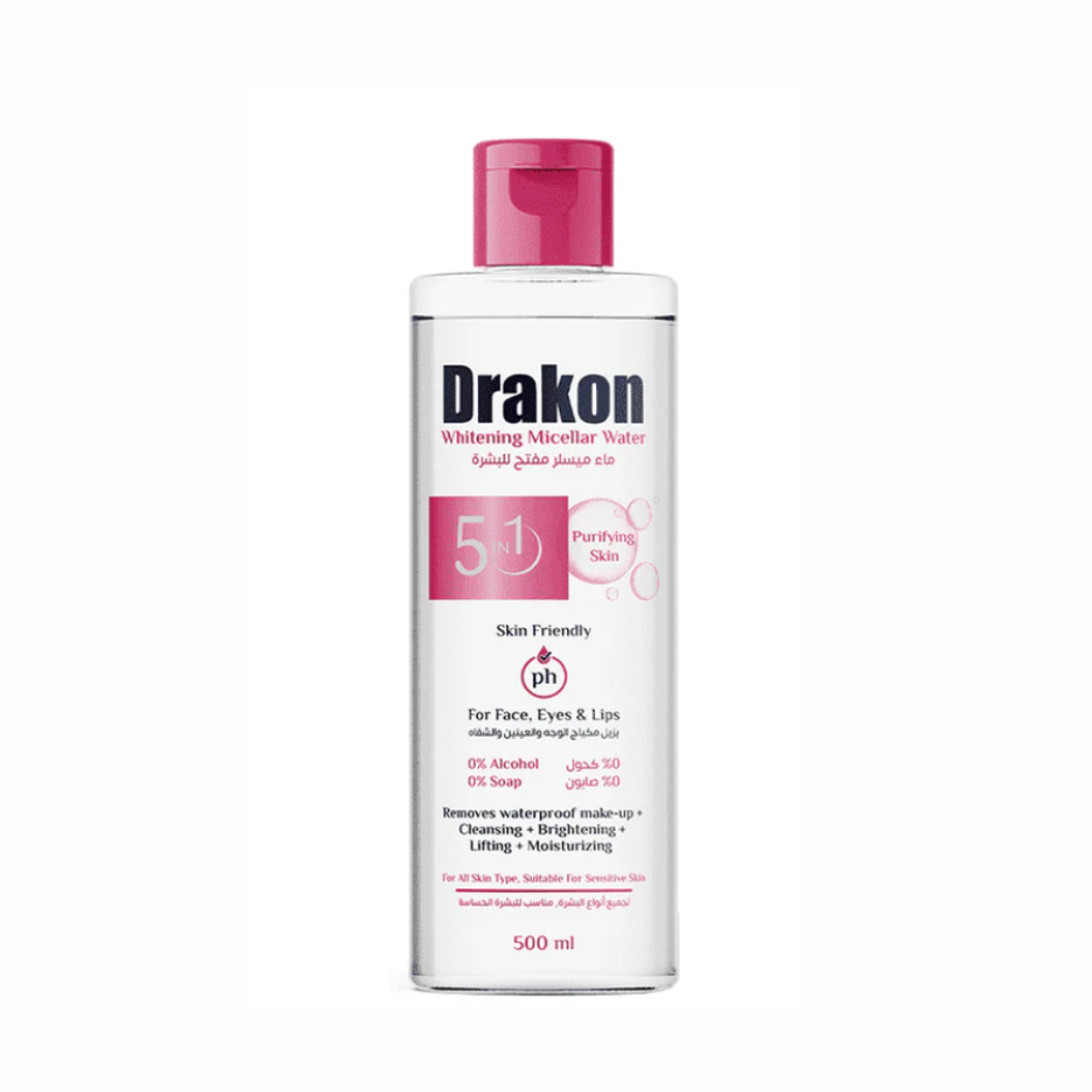 Drakon Whitening Micellar Water 500ml – gentle alcohol-free makeup remover and brightening cleanser for sensitive skin