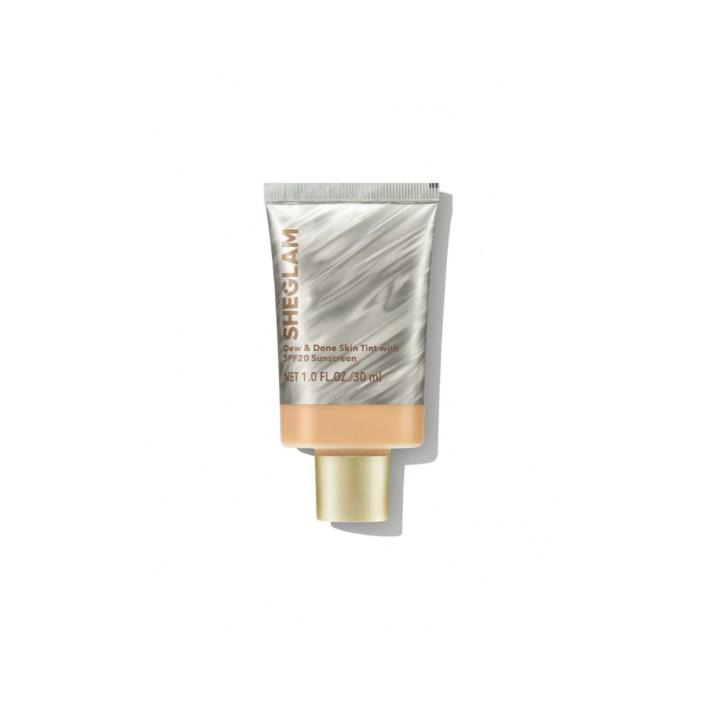 SHEGLAM Dew & Done Skin Tint SPF 20 – Shell shade with dewy, hydrating finish and buildable light-to-medium coverage