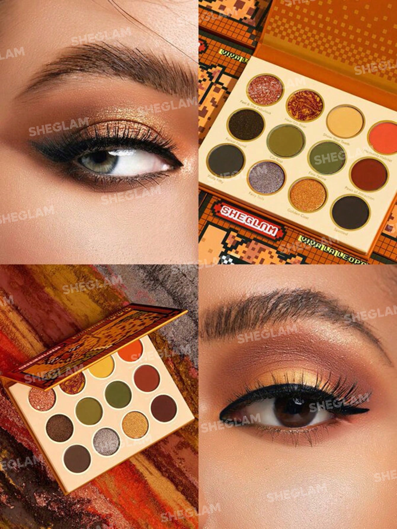 SHEGLAM Viva La Leopard Palette with 12 neutral, green, and yellow shades in matte, shimmer, and glitter finishes inside a leopard-inspired compact