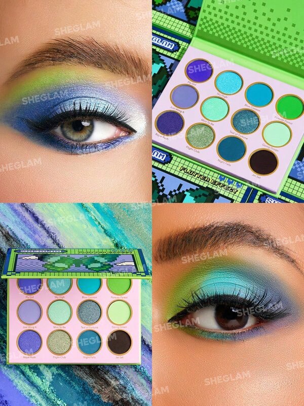 SHEGLAM Flutter Effect Eyeshadow Palette – shimmer & matte blue/green shades – vegan, cruelty-free – 10.2g

