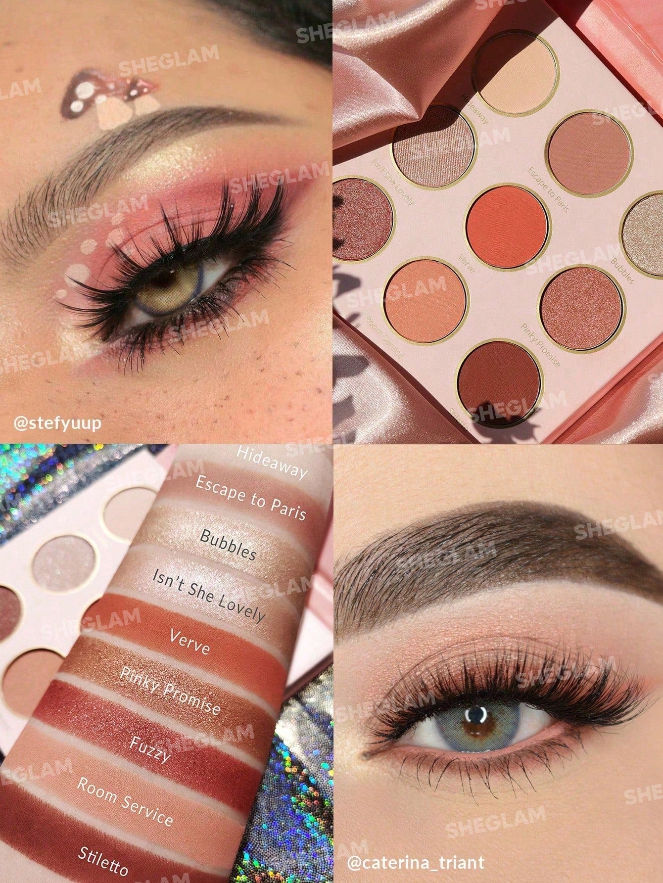 SHEGLAM Rose Code Eyeshadow Palette featuring 9 rose and peach shades in matte, shimmer and glitter finishes
