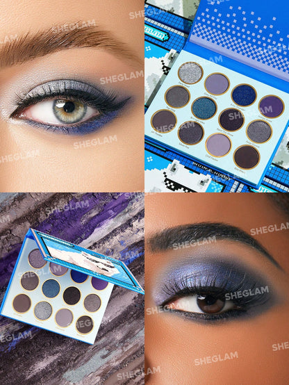 SHEGLAM Wolf Calls Eyeshadow Palette featuring 12 cool-toned blue and grey shades in matte and shimmer finishes
