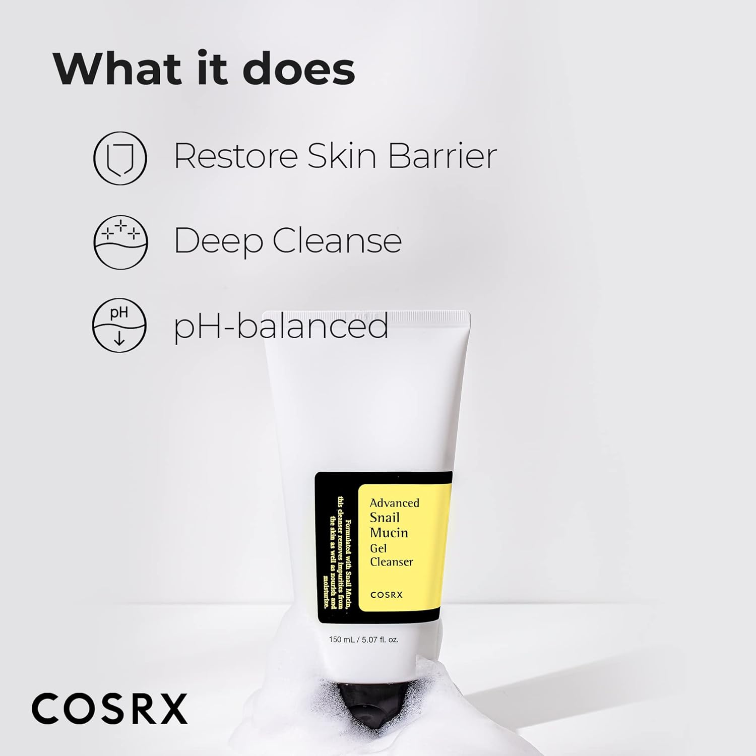 COSRX Advanced Snail Mucin Gel Cleanser – 150ml foaming facial cleanser with snail filtrate for hydration and repair


