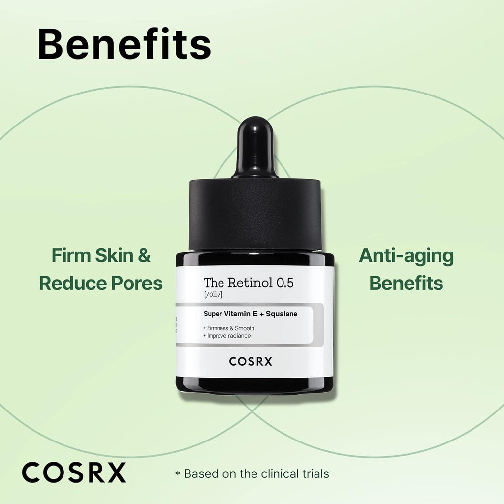 COSRX The Retinol 0.5 Oil 20ml with 0.5% stabilized retinol, squalane and vitamin E for night-time texture and fine line care.
