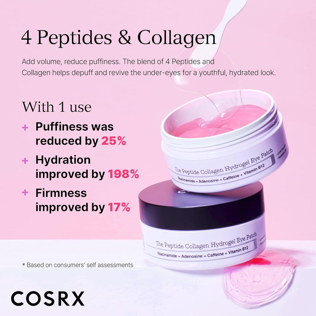 COSRX Peptide Collagen Hydrogel Eye Patch jar with 60 pink eye patches for puffiness, fine lines and dark circles.
