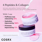 COSRX Peptide Collagen Hydrogel Eye Patch jar with 60 pink eye patches for puffiness, fine lines and dark circles.
