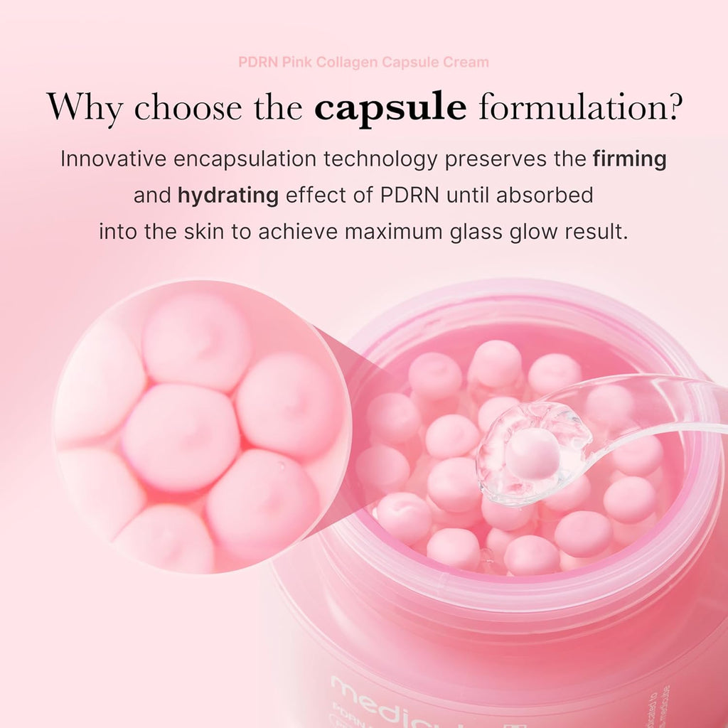 Medicube PDRN Pink Collagen Capsule Cream 55g jar with pink collagen capsules for brightening, firming and deep hydration.
