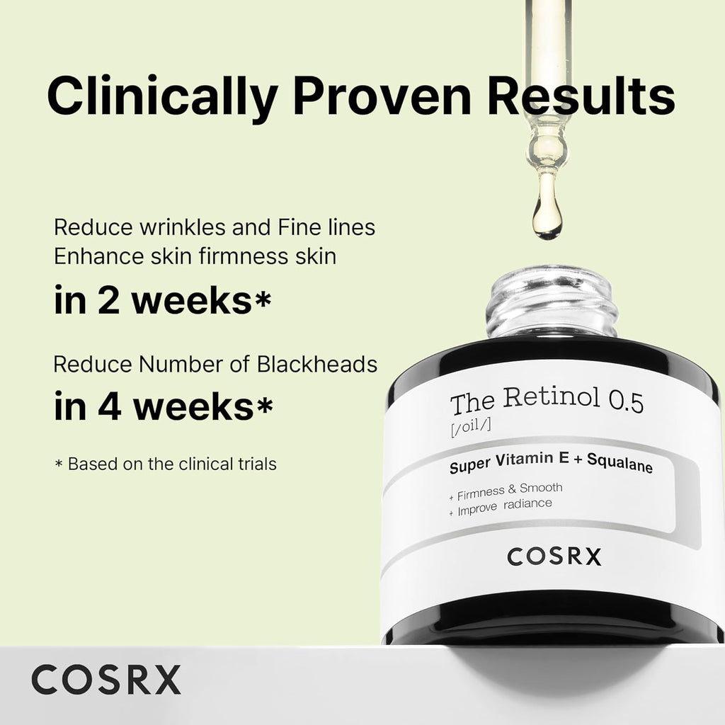 COSRX The Retinol 0.5 Oil 20ml with 0.5% stabilized retinol, squalane and vitamin E for night-time texture and fine line care.
