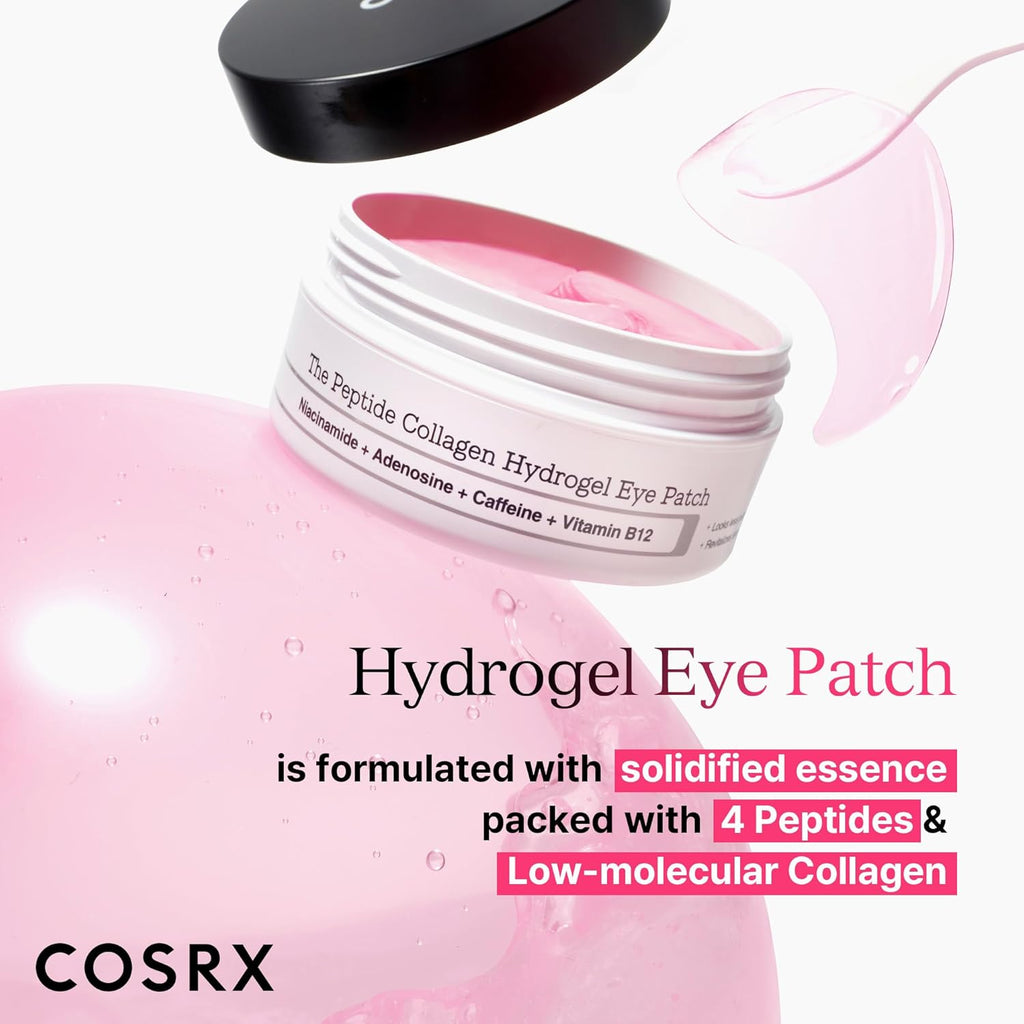 COSRX Peptide Collagen Hydrogel Eye Patch jar with 60 pink eye patches for puffiness, fine lines and dark circles.

