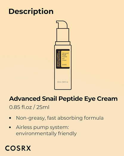 COSRX Advanced Snail Peptide Eye Cream – 25ml lightweight brightening and firming eye treatment with snail mucin