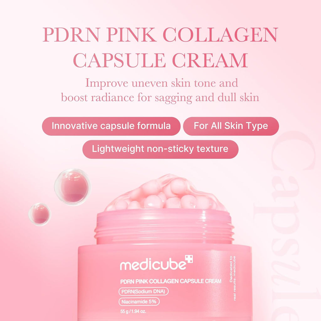 Medicube PDRN Pink Collagen Capsule Cream 55g jar with pink collagen capsules for brightening, firming and deep hydration.
