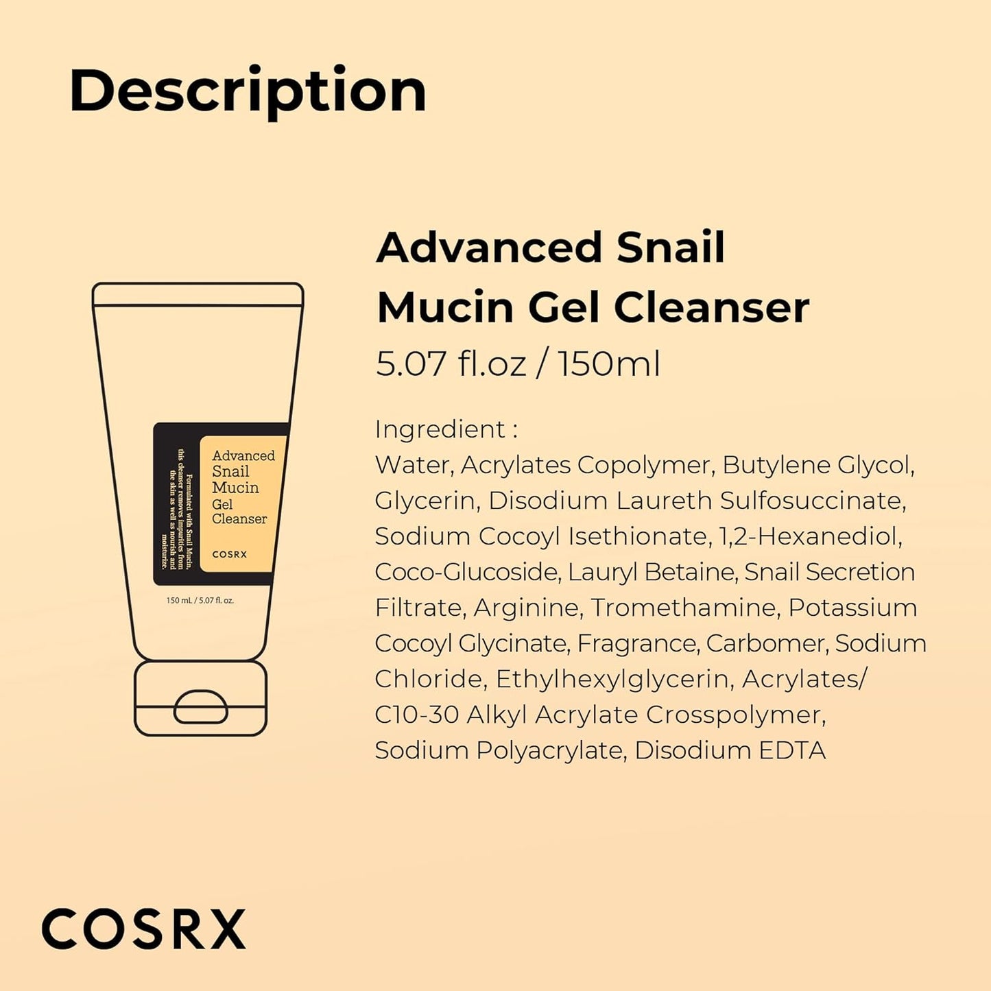 COSRX Advanced Snail Mucin Gel Cleanser – 150ml foaming facial cleanser with snail filtrate for hydration and repair


