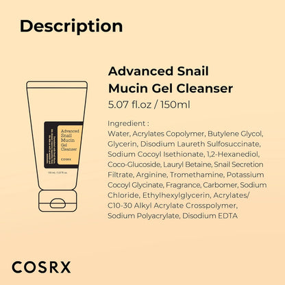 COSRX Advanced Snail Mucin Gel Cleanser – 150ml foaming facial cleanser with snail filtrate for hydration and repair

