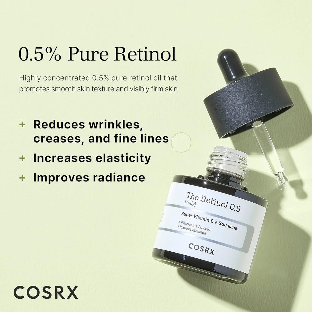COSRX The Retinol 0.5 Oil 20ml with 0.5% stabilized retinol, squalane and vitamin E for night-time texture and fine line care.
