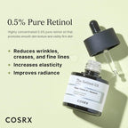 COSRX The Retinol 0.5 Oil 20ml with 0.5% stabilized retinol, squalane and vitamin E for night-time texture and fine line care.
