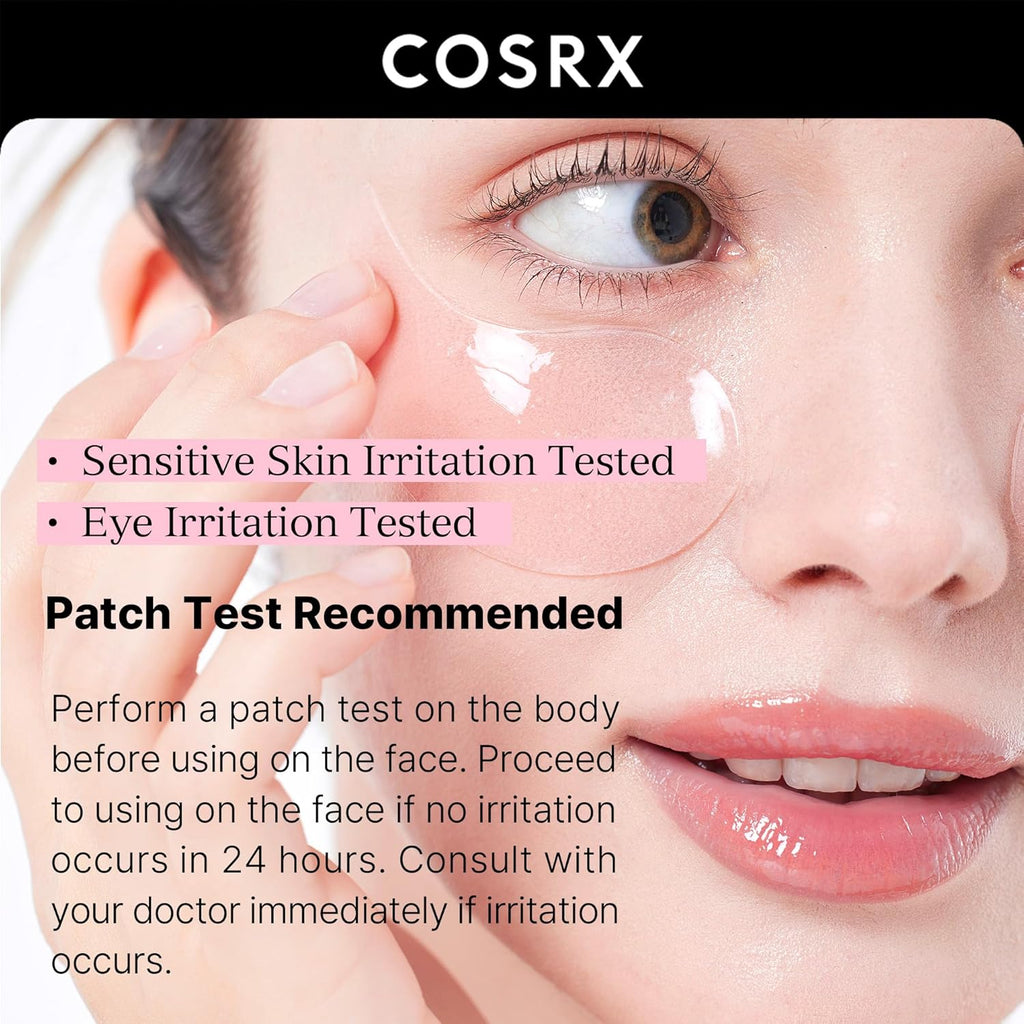 COSRX Peptide Collagen Hydrogel Eye Patch jar with 60 pink eye patches for puffiness, fine lines and dark circles.
