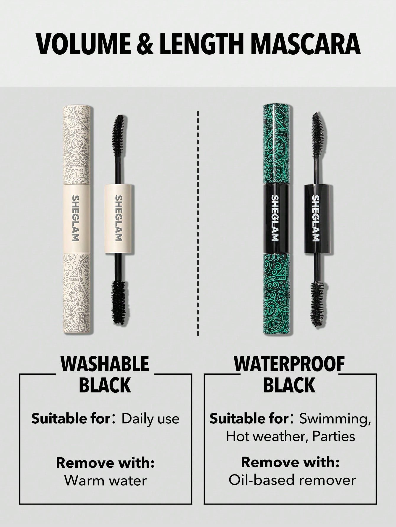SHEGLAM All-In-One Volume & Length Mascara – Washable Black tube packaging
