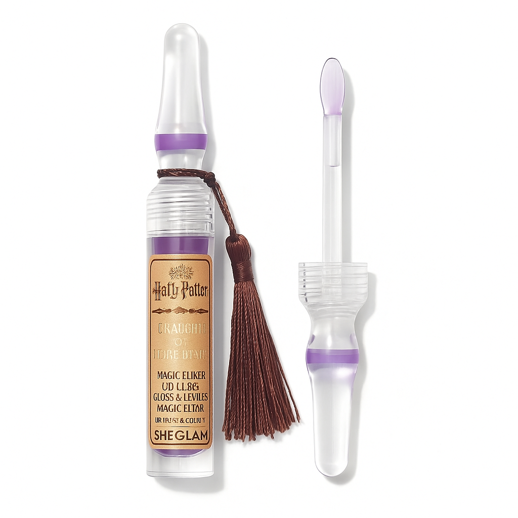 Harry Potter × SHEGLAM Magic Elixir Lip Gloss – Draught Of Living Death in clear potion-style tube with tassel and lavender gloss swatch
