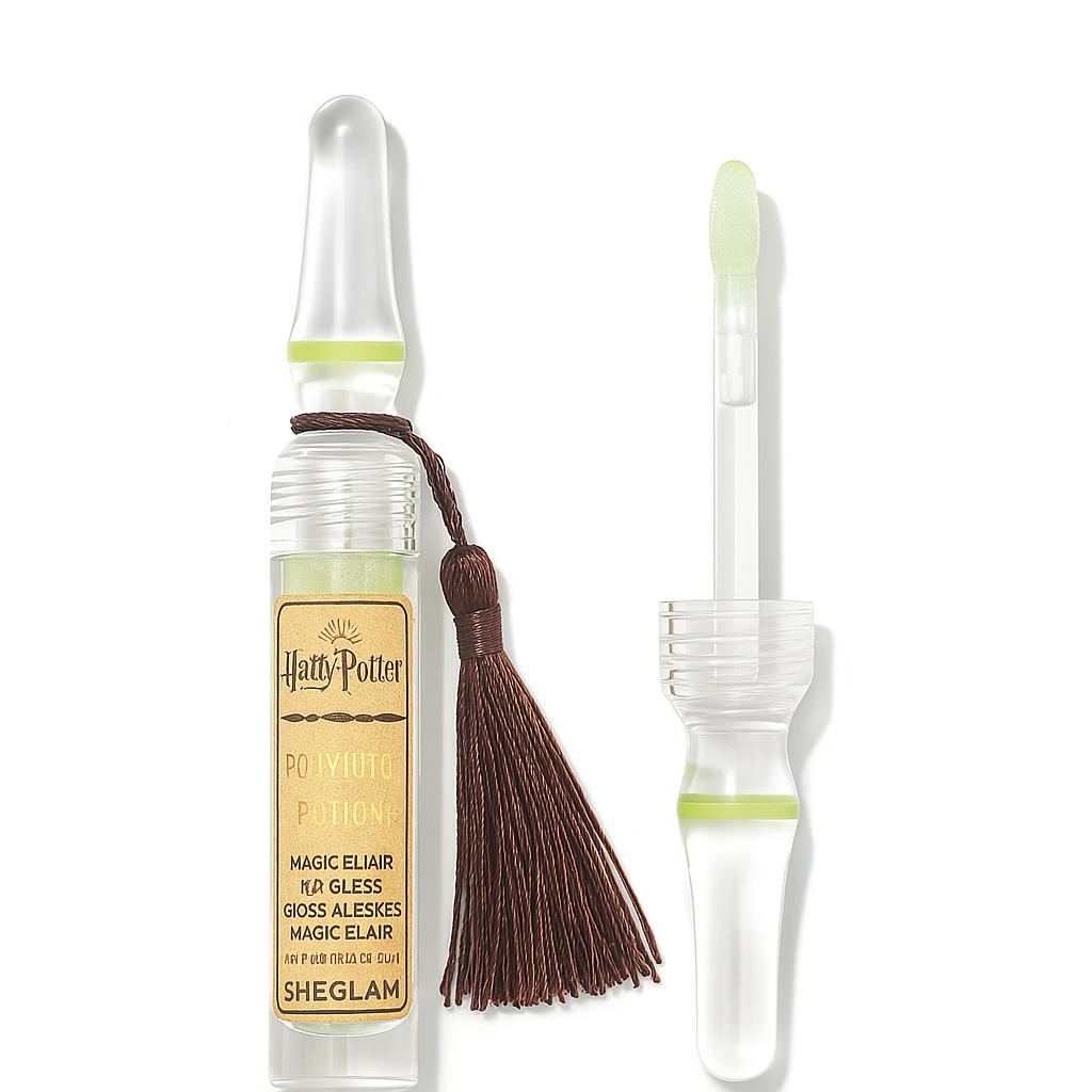 Polyjuice Potion lip gloss sheer green with glitter in potion-style packaging with wand applicator