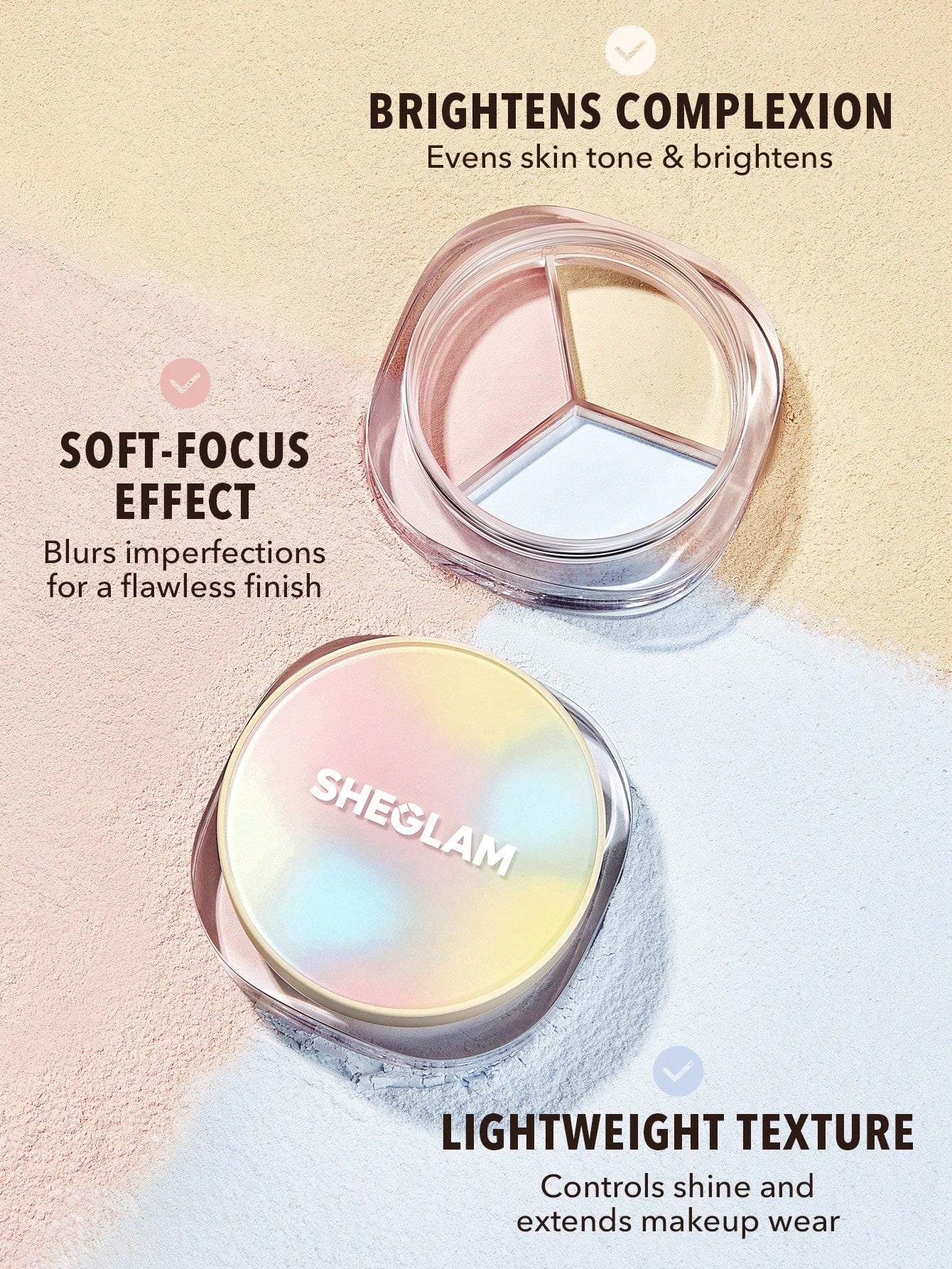 SHEGLAM Radiance Ring 3-In-1 Correcting Setting Powder compact packaging with color-correcting powders