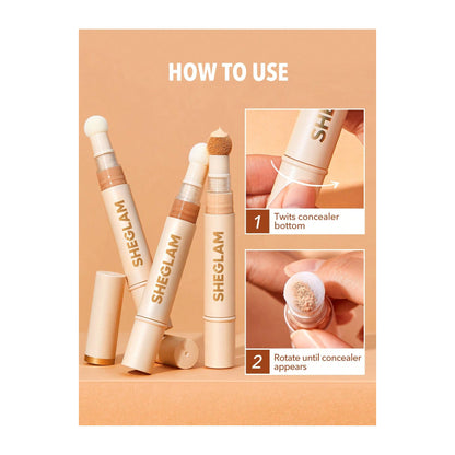 "Step-by-step guide on how to use SHEGLAM Perfect Skin High Coverage Concealer with twist and sponge applicator instructions." 