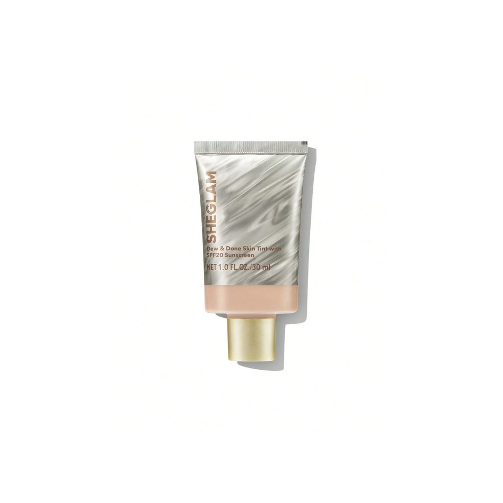 SHEGLAM Dew & Done Skin Tint with SPF20 in Chantilly shade, dewy light-to-medium coverage skin tint tube on a clean background.
