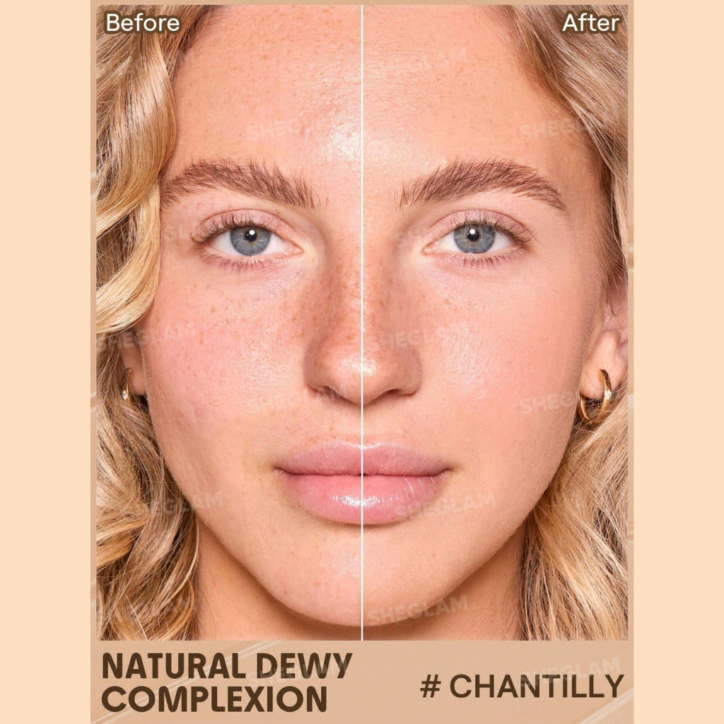 SHEGLAM Dew & Done Skin Tint with SPF20 in Chantilly shade, dewy light-to-medium coverage skin tint tube on a clean background.
