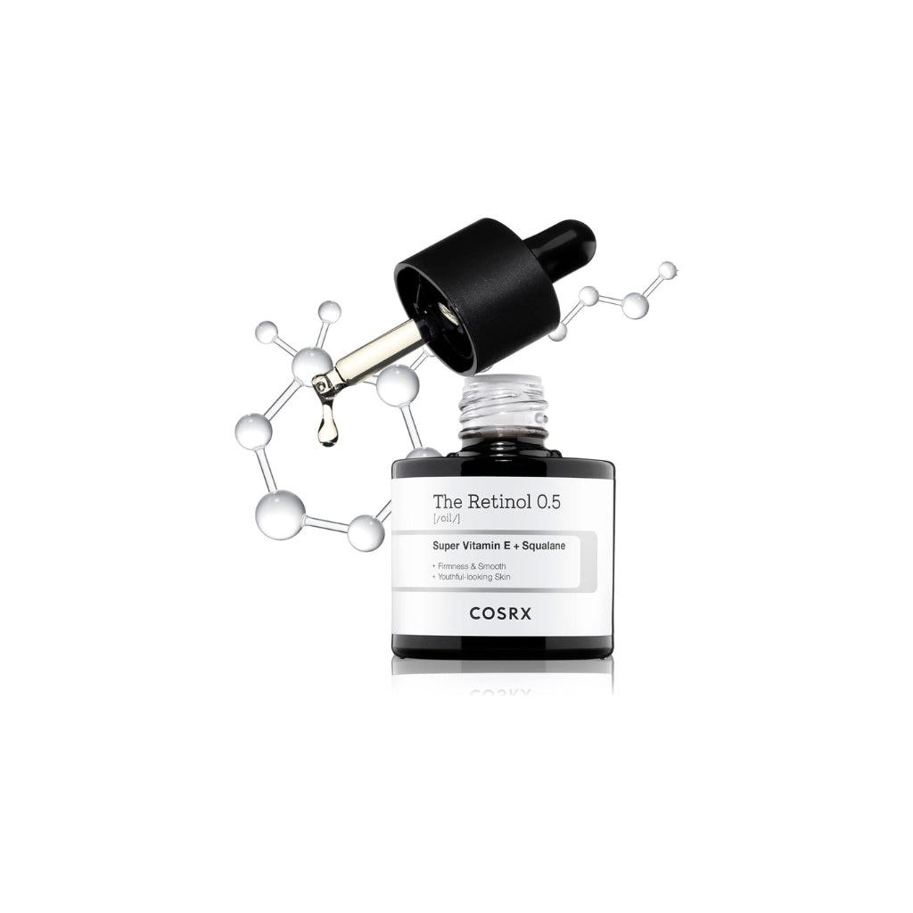COSRX The Retinol 0.5 Oil 20ml with 0.5% stabilized retinol, squalane and vitamin E for night-time texture and fine line care.
