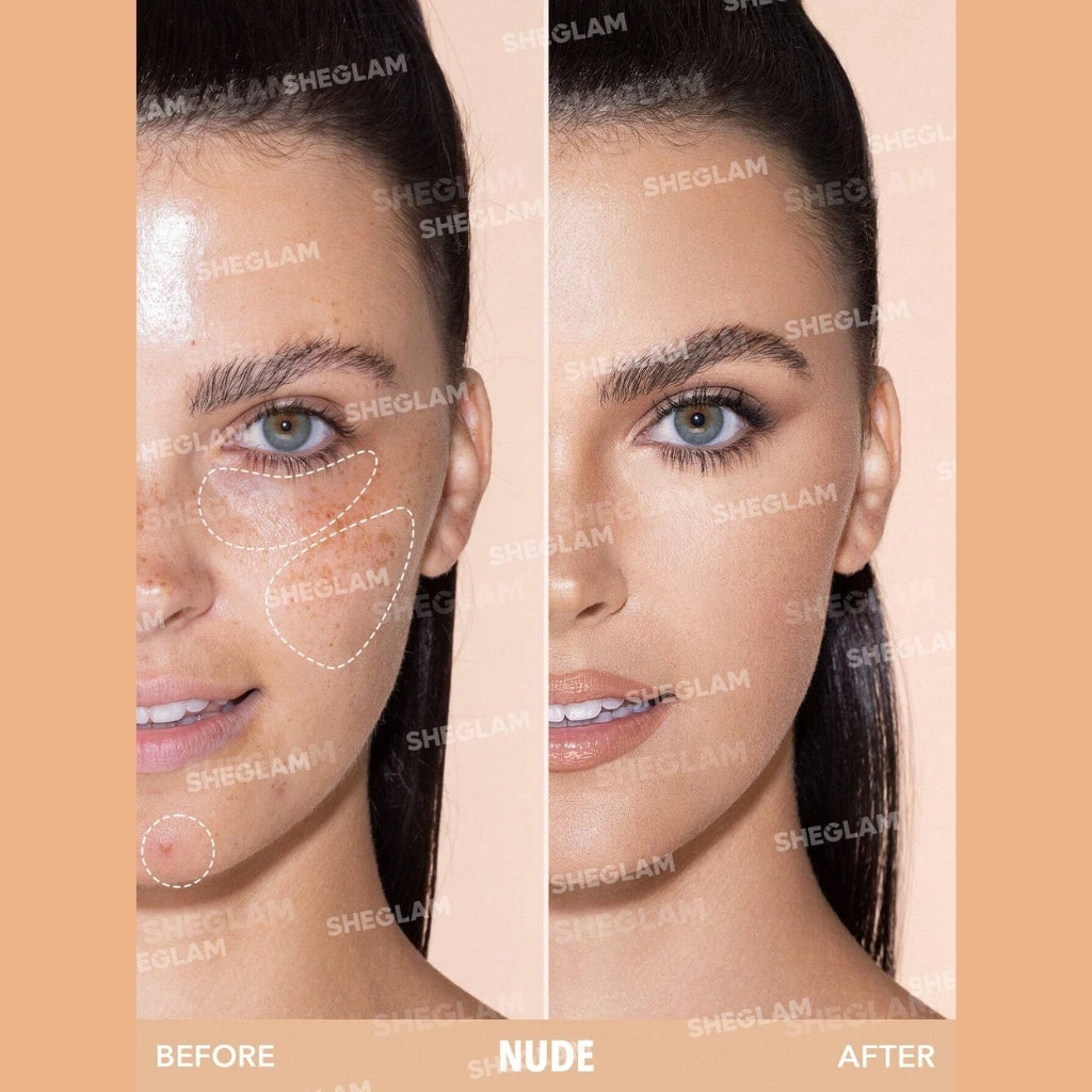 SHEGLAM Complexion Boost Concealer - Nude, sponge-head applicator high-coverage concealer packshot on a clean white background.
