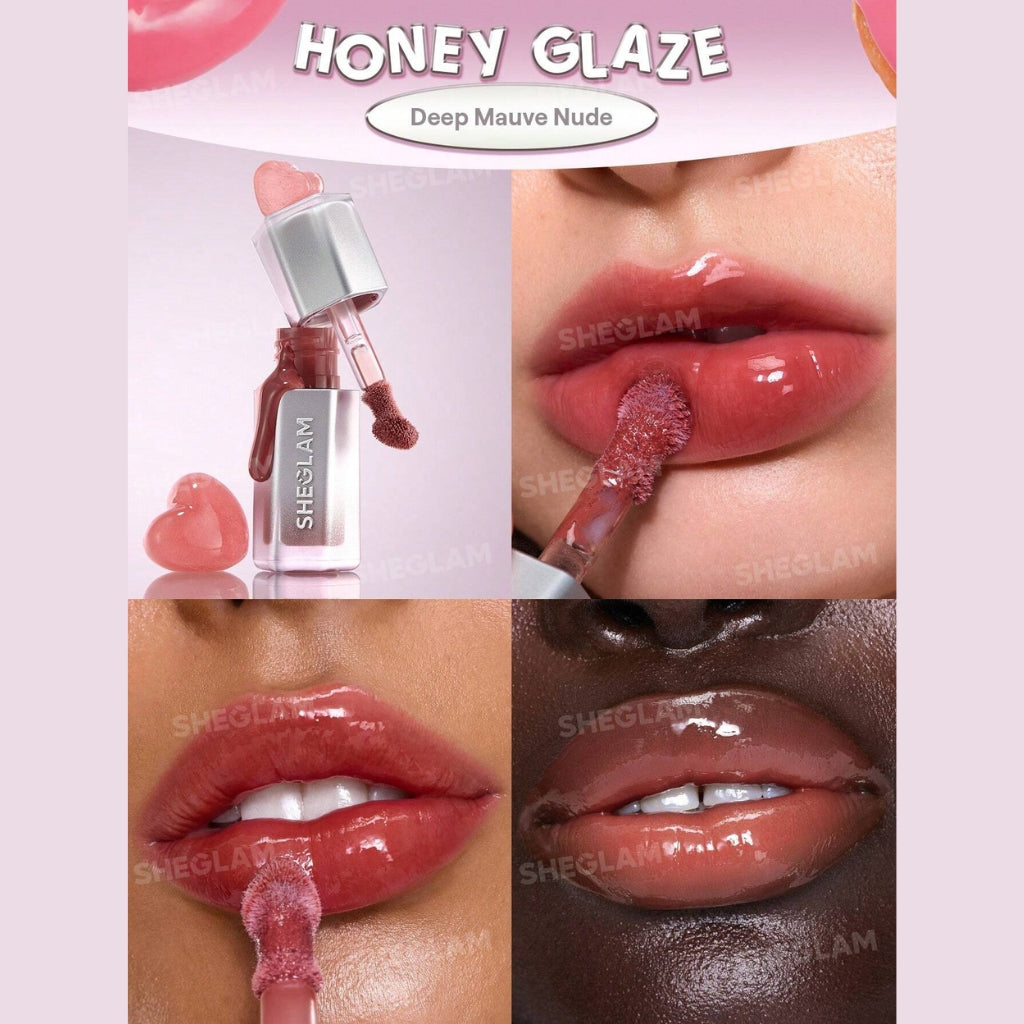 SHEGLAM Glass Lock Air Gloss – Honey Glaze shade in sleek tube, hydrating mirror-shine lip glaze with warm honey-gold glossy finish
