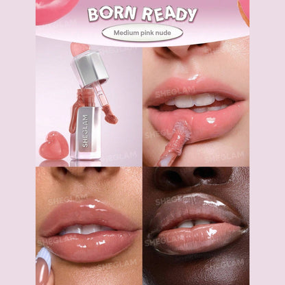SHEGLAM Glass Lock Air Gloss – Born Ready shade in sleek tube, hydrating mirror-shine lip glaze with natural nude-pink glossy finish
