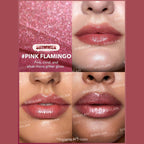 SHEGLAM Pout-Perfect Shimmer Lip Plumper in Pink Flamingo, solid pink glitter lip gloss stick on a clean background.
