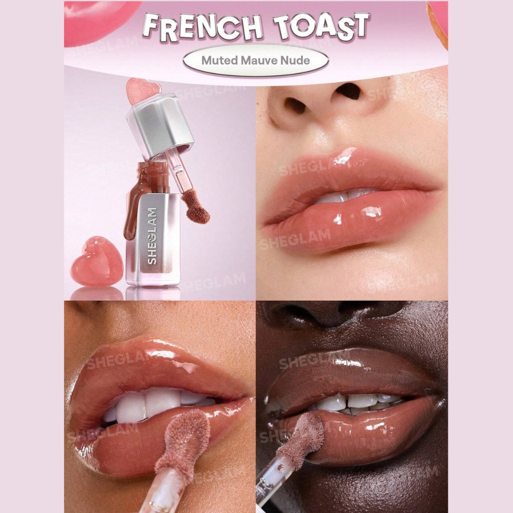 SHEGLAM Glass Lock Air Gloss – French Toast shade in sleek tube, hydrating mirror-shine lip glaze with warm caramel-nude glossy finish
