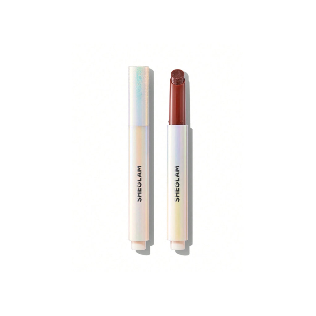 SHEGLAM Pout-Perfect Shimmer Lip Plumper in Sepia Kiss, nude-brown glitter lip gloss stick on a clean background.
