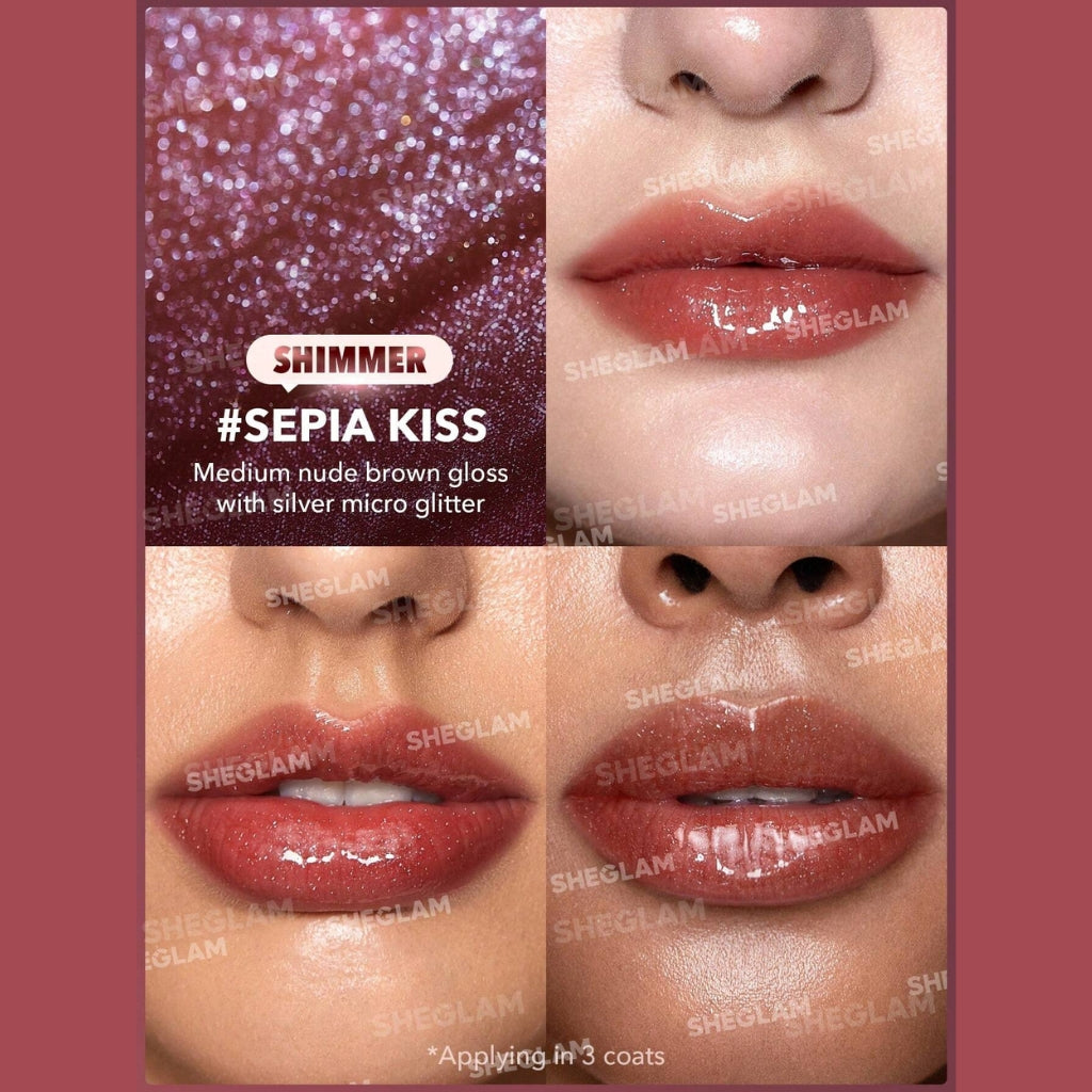 SHEGLAM Pout-Perfect Shimmer Lip Plumper in Sepia Kiss, nude-brown glitter lip gloss stick on a clean background.
