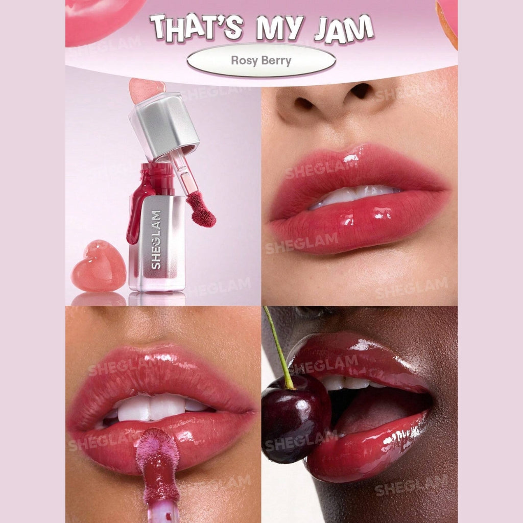 SHEGLAM Glass Lock Air Gloss – That's My Jam, rich berry-pink high-shine lip gloss in a sleek tube with a glassy, mirror-like finish on a clean background.
