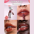 SHEGLAM Glass Lock Air Gloss – Sepia Kiss, soft brown-rose nude high-shine lip gloss in a sleek tube with a glassy, mirror-like finish on a clean background.
